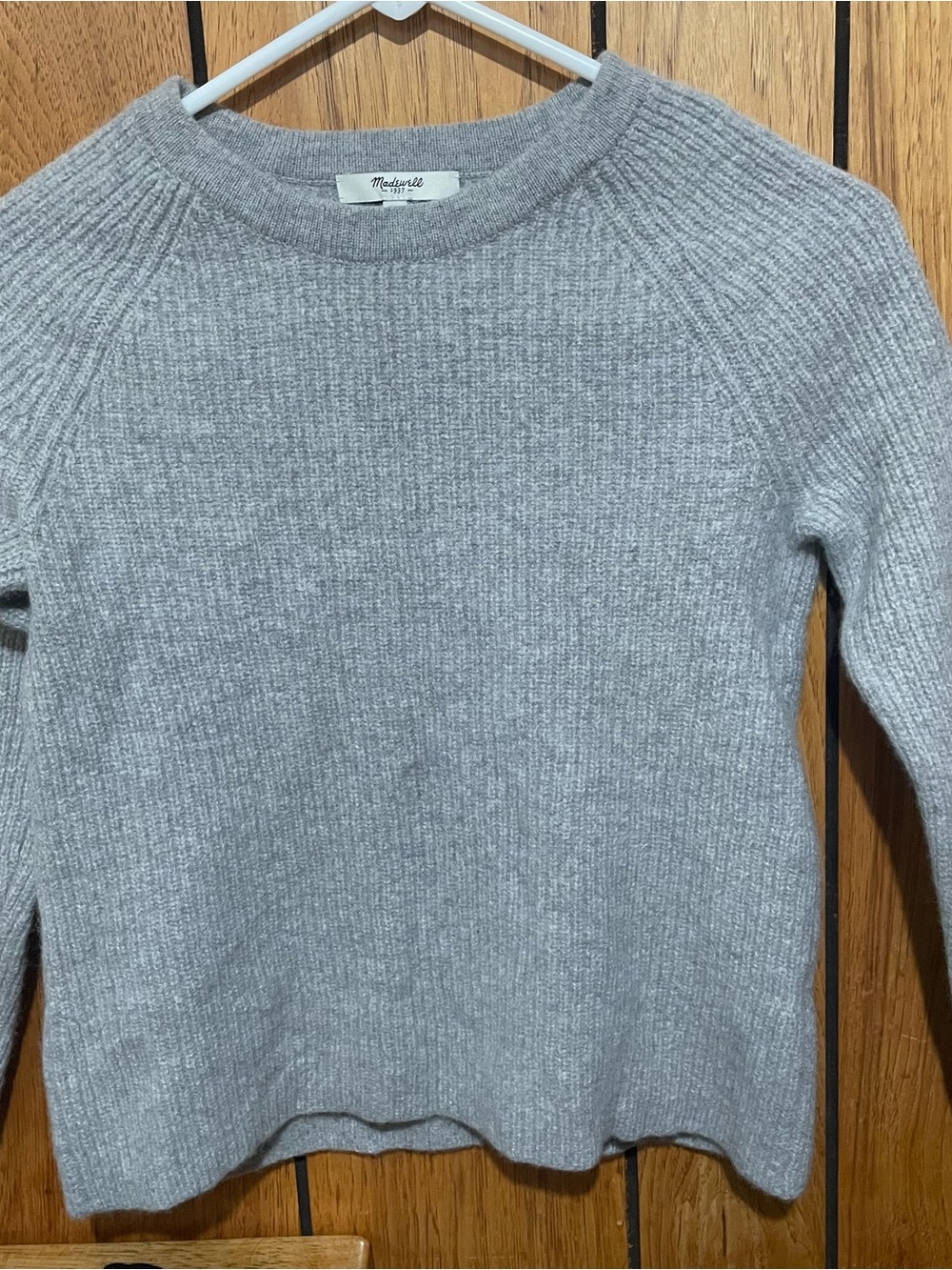 Madewell Light Gray Crewneck Ribbed 100% merino wool with elbow patches Sweater